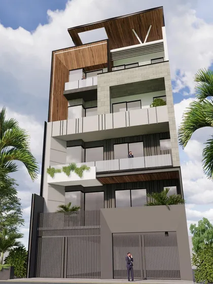 A frontal view of the linear massing facade, showing the arrangement of balconies and windows. The design provides each residential unit with private outdoor space while maintaining a cohesive architectural identity.