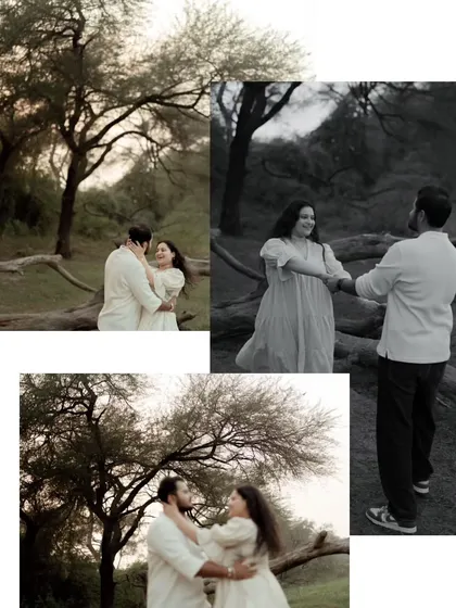 A creative collage from Kushal and Hemal's pre-wedding shoot. The blend of different moments, from dancing to quiet embraces, tells a dynamic story of their relationship.