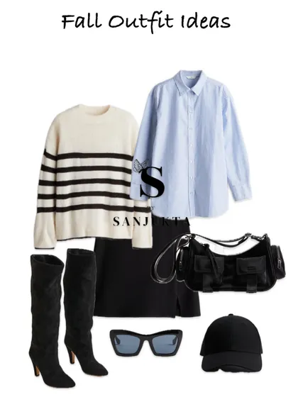 Another take on a cozy fall outfit. I've paired the same striped sweater and blue shirt with knee-high boots and a baseball cap for a more casual, street-style inspired look, showing the versatility of your wardrobe staples.