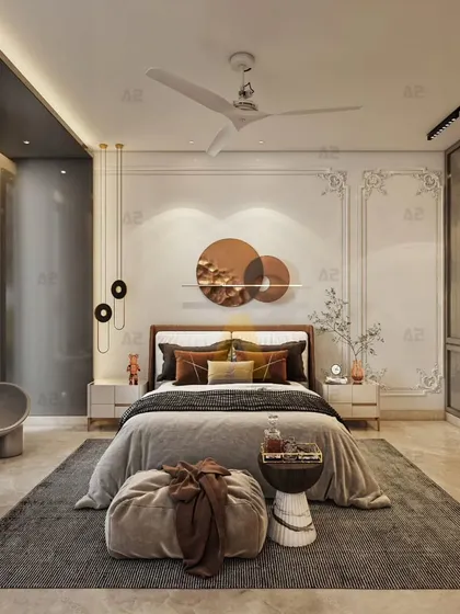Grace in every detail, luxury in every layer. This bedroom combines neo-classical wall molding with modern metallic art and pendant lights, creating a sophisticated and contemporary look.
