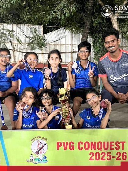 The Somaiya School U-11 Girls Basketball Team celebrates their third-place victory at the PVG Conquest Games, a great achievement for our young players.