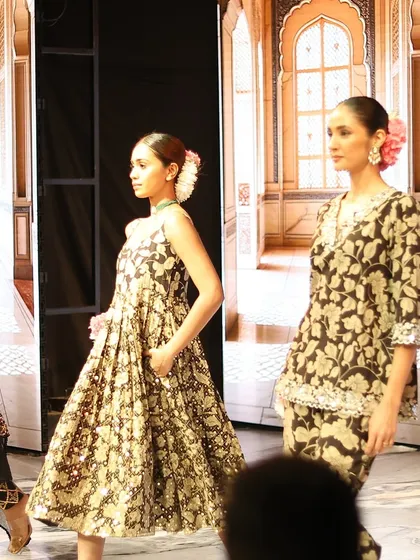 Models walking the ramp at Global India Couture Week, showcasing the elegant hair and makeup created by my students. Seeing your work on the runway is an unparalleled experience that I help my students achieve.