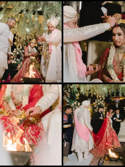 A collage of the sacred wedding rituals, including the pheras around the fire and the sindoor ceremony, capturing the heart of the union.
