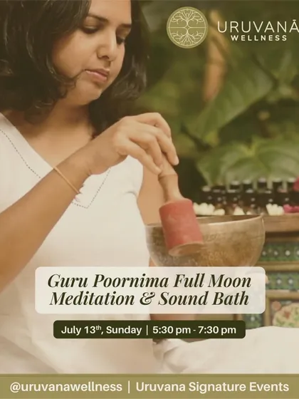 This poster announces our Guru Poornima Full Moon gathering, a sacred evening combining meditation and an immersive sound bath. It is a special event to honor the teachers and masters on our spiritual journeys.
