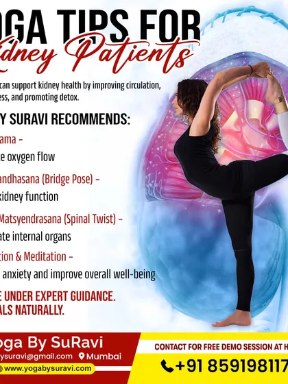 For kidney patients, we recommend gentle yoga practices like Pranayama and Bridge Pose to improve circulation, reduce stress, and support kidney function.