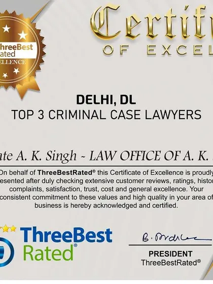 I am pleased to share this Certificate of Excellence for 2024, recognizing my practice as one of the top three for criminal cases in Delhi.