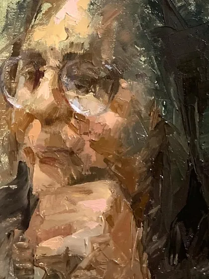 A detail from "Thinking Transition," focusing on the expressive brushwork around the glasses and eyes.