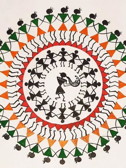 A circular Warli painting depicting the 'Tarpa dance', a celebratory dance of the Warli tribe from Maharashtra. We teach how to create these simple yet dynamic figures.