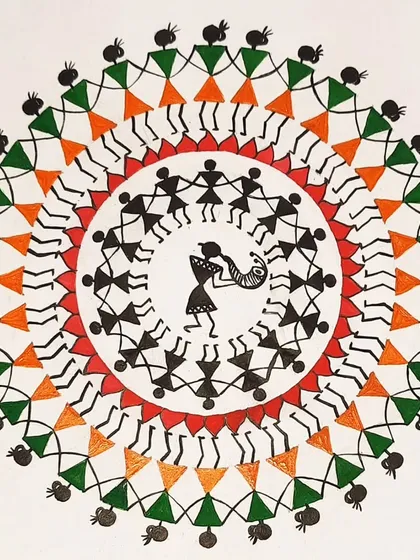 A circular Warli painting depicting the 'Tarpa dance', a celebratory dance of the Warli tribe from Maharashtra. We teach how to create these simple yet dynamic figures.