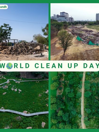 The Ghata Bundh site was once covered in piles of construction waste. Now, it is a lush green space with a functional water catchment system and walking trails for the community to enjoy.