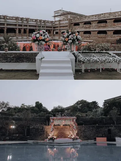 A collage showing the transformation of the venue from a daytime ceremony setup to a beautifully lit poolside mandap at dusk.
