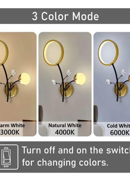 This graphic shows the 3-color functionality of our floral wall light. Simply turn the switch off and on to cycle through warm white, natural white, and cool white.