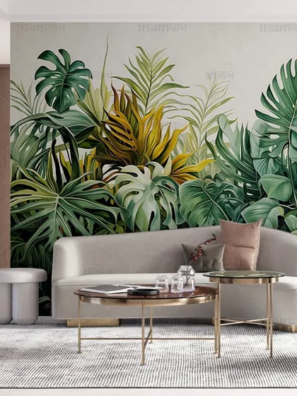 This wallpaper creates a lush, green jungle feel with a variety of tropical leaves like monstera and palm. It's a perfect way to bring the outdoors in.