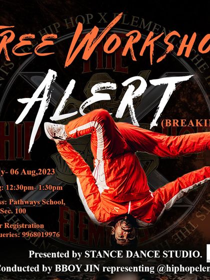 A free Hip Hop and Breaking workshop alert for our Noida location, conducted by Bboy Jin of Hip Hop Elements.
