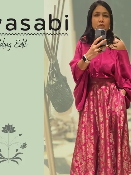 I love creating wedding looks that are both glamorous and easy to wear. This pink brocade lehenga skirt paired with a drop-shoulder silk top is a perfect example of chic minimalism for any function.