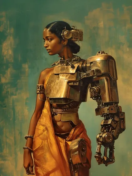 A side profile of a female Yuntryodhā, showcasing the detailed design of her cybernetic arm and headpiece. The fusion of traditional Indian attire with sci-fi hardware is central to this series.