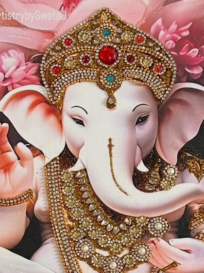 The heart of this piece is the beautifully hand-embossed jewelry on Lord Ganesha. I take great care in adding these details to bring a sense of divinity and grace to the artwork.