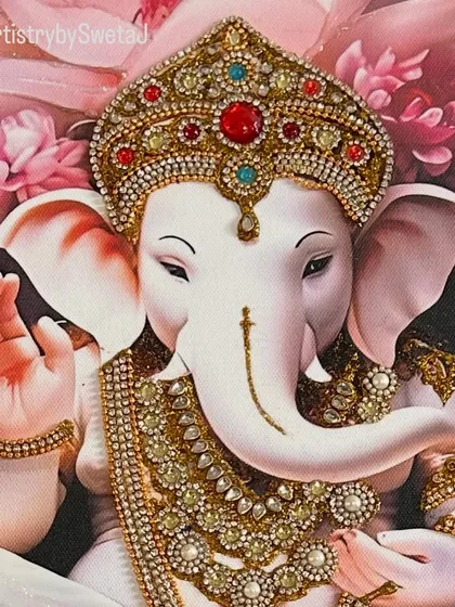 The heart of this piece is the beautifully hand-embossed jewelry on Lord Ganesha. I take great care in adding these details to bring a sense of divinity and grace to the artwork.