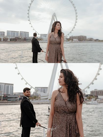 A creative portrait with the Ain Dubai Ferris wheel in the background, capturing the modern and glamorous side of the city.