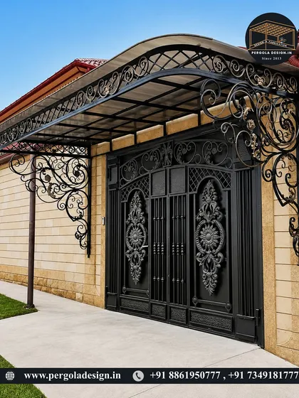 A highly ornate entrance gate and canopy, showcasing our expertise in detailed metalwork. This design is perfect for properties seeking a traditional, high-luxury aesthetic.