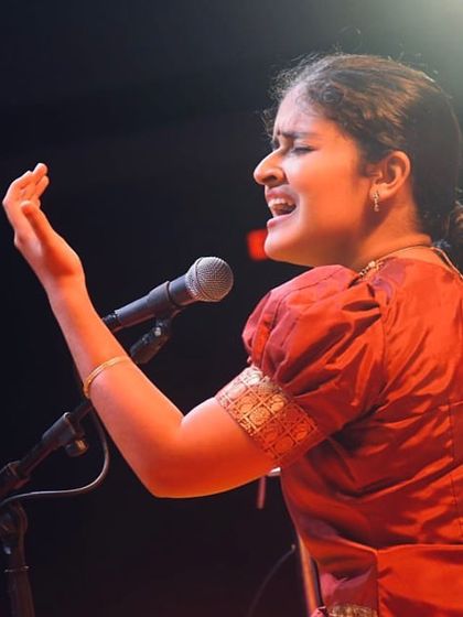 A moment of expressive singing during a concert. My aim in every kutcheri is to explore the depths of each raga and composition, conveying its story and emotion through my voice.
