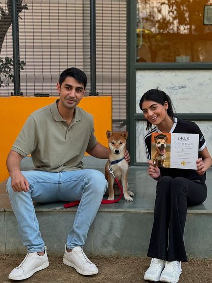 Another shot of our Shiba Inu graduate and his family, celebrating the successful completion of his training program.