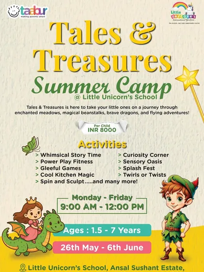 The "Tales & Treasures" Summer Camp at Little Unicorn's School, where every story is a new adventure. This camp includes story time, fitness, kitchen magic, and sensory play for kids aged 1.5-7.