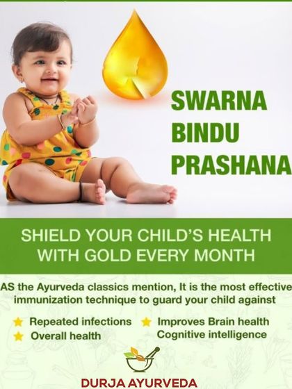 Swarna Bindu Prashana is an Ayurvedic immunization technique for children. These monthly gold-based drops are given to boost immunity, improve brain health, and guard against repeated infections.