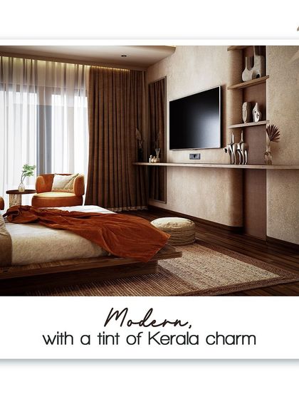 A modern bedroom with a touch of Kerala charm, featuring earthy tones, a low wooden bed, and a simple, elegant TV unit.