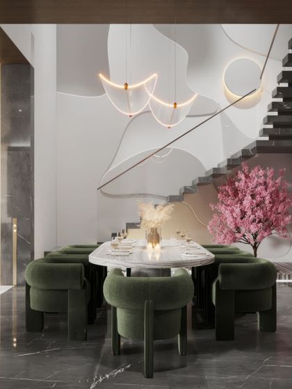 A series of visualizations for a modern dining area set against a sculptural staircase. We've captured the scene from various perspectives to showcase the artistic wall, the unique lighting, and the elegant furniture.