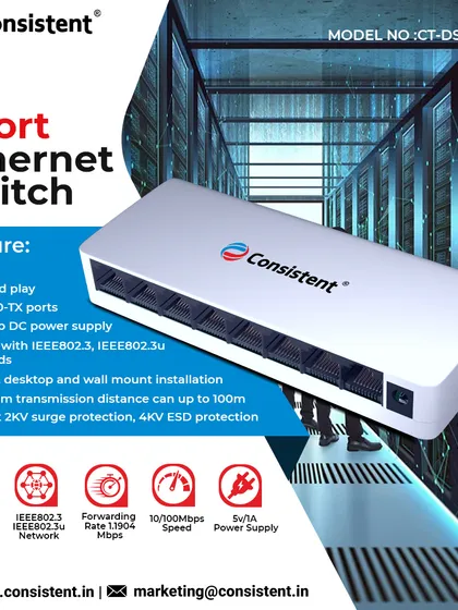 This 8-port Fast Ethernet Switch is a reliable and cost-effective choice for connecting multiple devices in a home or small office. It supports a transmission distance of up to 100m and includes surge protection, making it a durable networking hub.