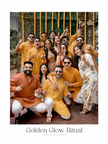 The 'Golden Glow Ritual' with the entire bride and groom squad. We love capturing the energy and camaraderie of your closest friends.