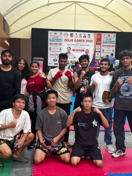 Our fight team posing for a group photo at the Delhi Games 2025, a mix of seasoned fighters and promising new talent.