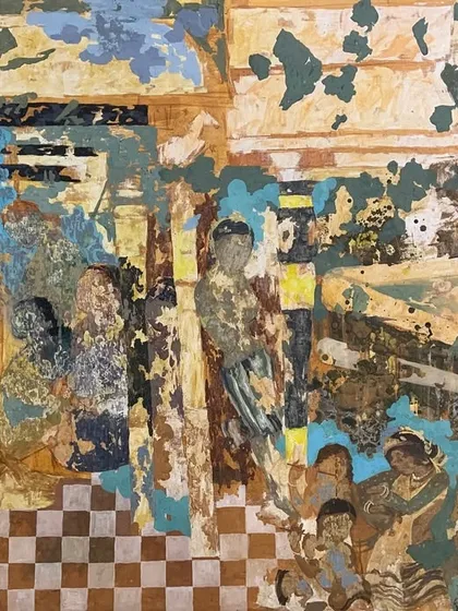 A wider view of the "Ajanta" composition, showing the interplay between the figures, the checkered floor, and the abstract, decaying walls.