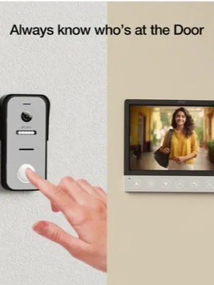 Experience seamless entry management with the Ozone IRIS-11 system. This image shows how you can instantly see who is at your door on the indoor video phone monitor, allowing you to grant access without moving, a key feature of modern smart home surveillance.