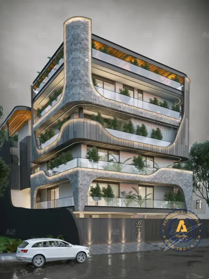 This design proposal for a Vasant Vihar residence features sculpted curves and sharp modern lines. The use of aluminum perforated jaali introduces intricate detailing while filtering light and enabling cross-ventilation.