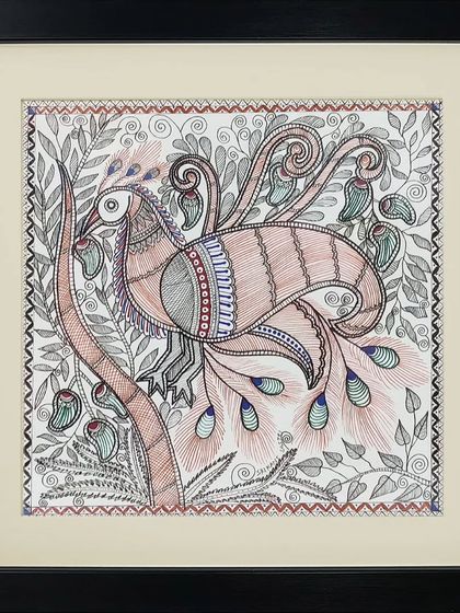 A detailed Madhubani painting of a peacock, where every feather is intricately drawn, demonstrating the patience and precision taught in our classes.