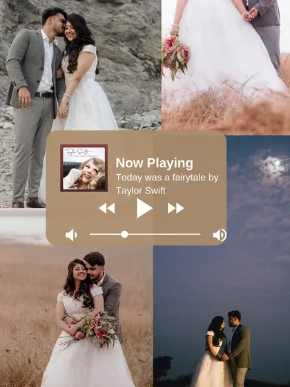 A collage that tells the story of their fairytale day. Multiple moments are captured, from wide shots under the moon to intimate embraces, all set to the theme of a perfect, storybook romance.
