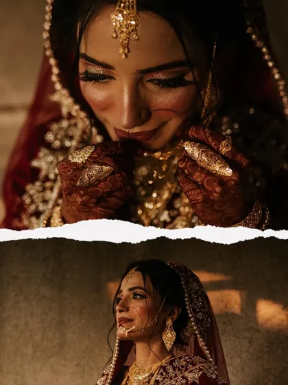 A creative collage of bridal moments. It combines a close-up of her henna-adorned hands with portraits that capture her thoughtful expressions.