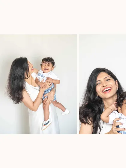 This collage captures the pure joy of a mother playing with her baby. From being lifted in the air to sharing a huge laugh, these are the moments filled with love.