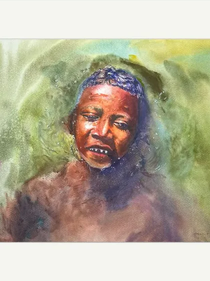 This watercolour painting, 'Submerged Bliss,' is more conceptual. I wanted to capture a feeling of peace and release, using flowing, abstract washes of green and blue to represent water and emotion.
