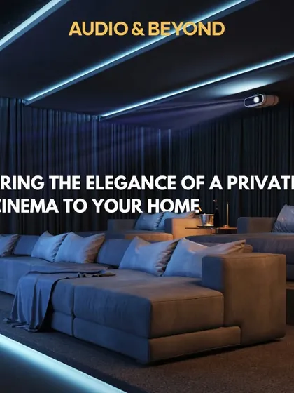 Bring the elegance of a private cinema right into your home. This concept showcases a sleek, modern design with plush, multi-level sofa seating, dramatic backlighting, and a ceiling-mounted projector for an uncluttered, luxurious feel.