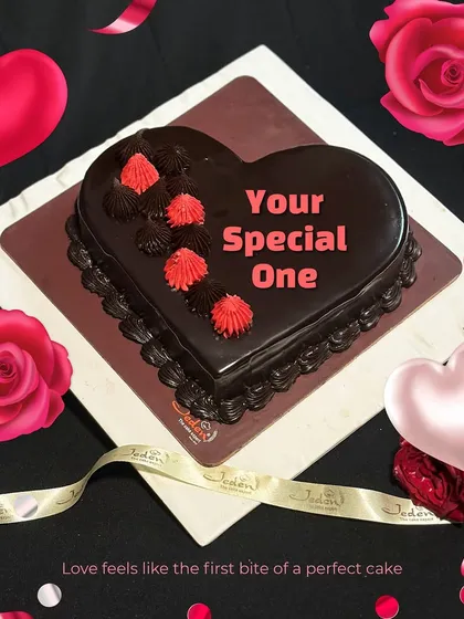 A special cake for your special one. This dark chocolate heart-shaped cake is the perfect way to express your love, with its rich ganache and elegant frosting details.
