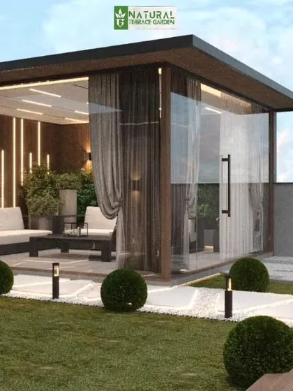 Proposed design for a luxurious glass room in Vikaspuri, featuring elegant curtains for privacy and a seamless connection to the garden.