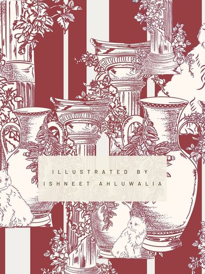 The seamless pattern of 'Elysian Echo'. This design is perfect for luxurious textiles, wallpapers, or fashion, telling a story of cats lounging among classical columns and amphorae.