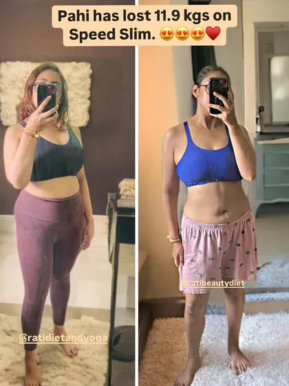 Pahi's incredible 11.9 kg weight loss journey with Speed Slim. Her selfie shows a dramatic change in her physique and confidence.