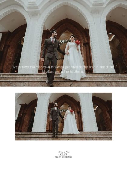 The couple descending the church steps together, a grand and symbolic start to their new life.