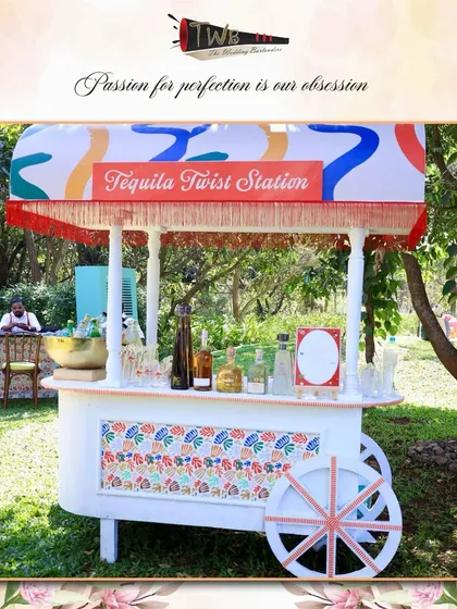 Our quirky and colorful "Tequila Twist Station" cart, perfect for outdoor events and brunches. This mobile bar adds an interactive and fun element, inviting guests to enjoy bespoke tequila cocktails.