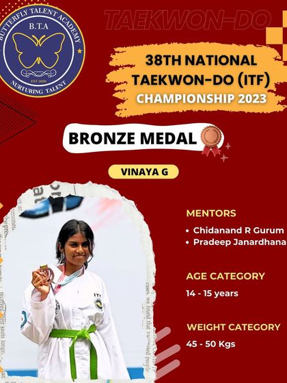 Congratulations to Vinaya G for securing the Bronze Medal at the 38th National Taekwondo Championship. Her achievement in the 14-15 years category highlights the strength of our youth training program.
