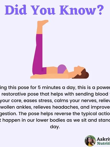 This is one of my favorite restorative poses. Doing the 'Legs-Up-the-Wall' pose for just 5 minutes a day can help ease stress, calm your nerves, relieve swollen ankles, and improve digestion.
